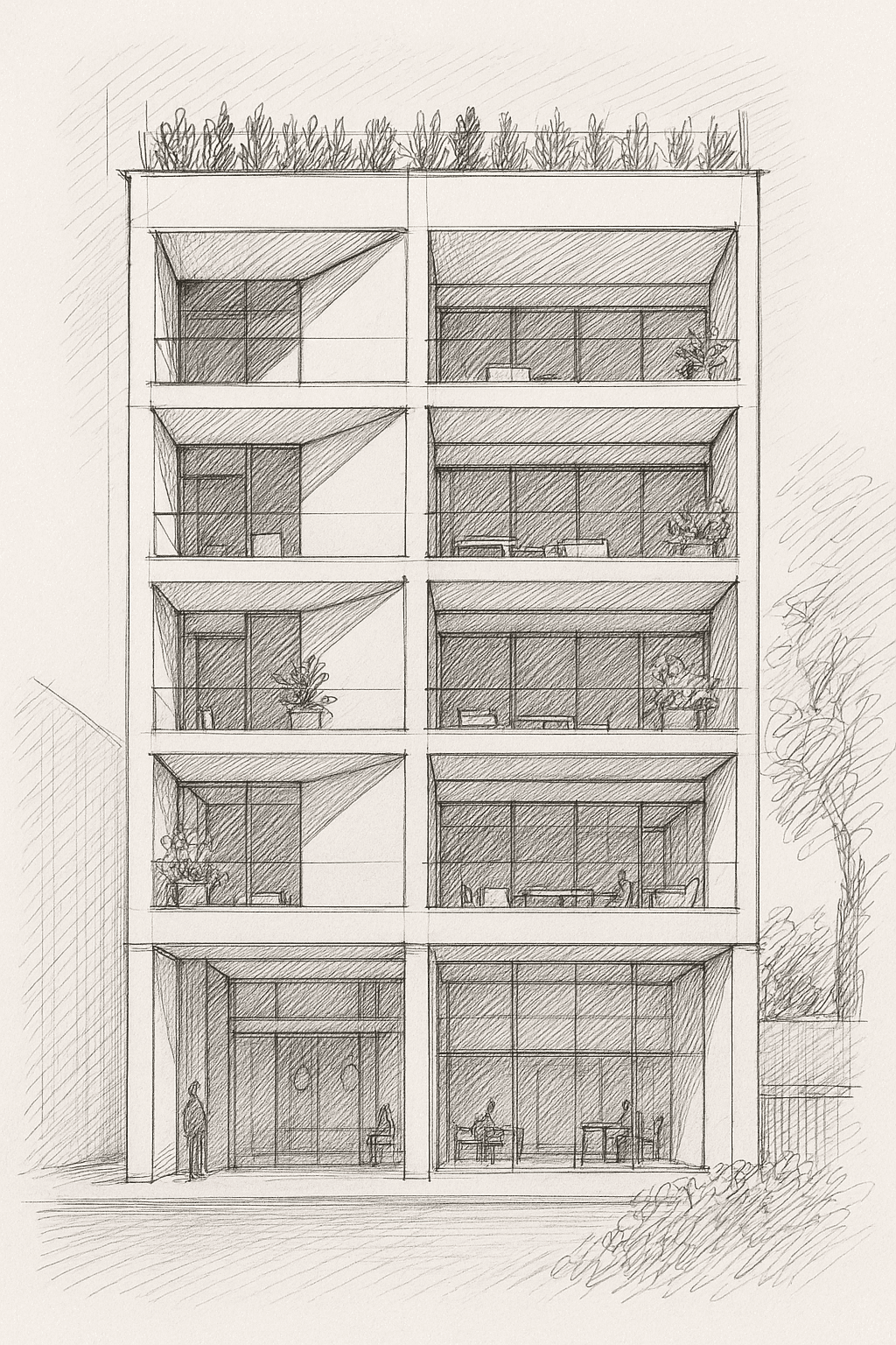 Architectural sketch of a modern urban building